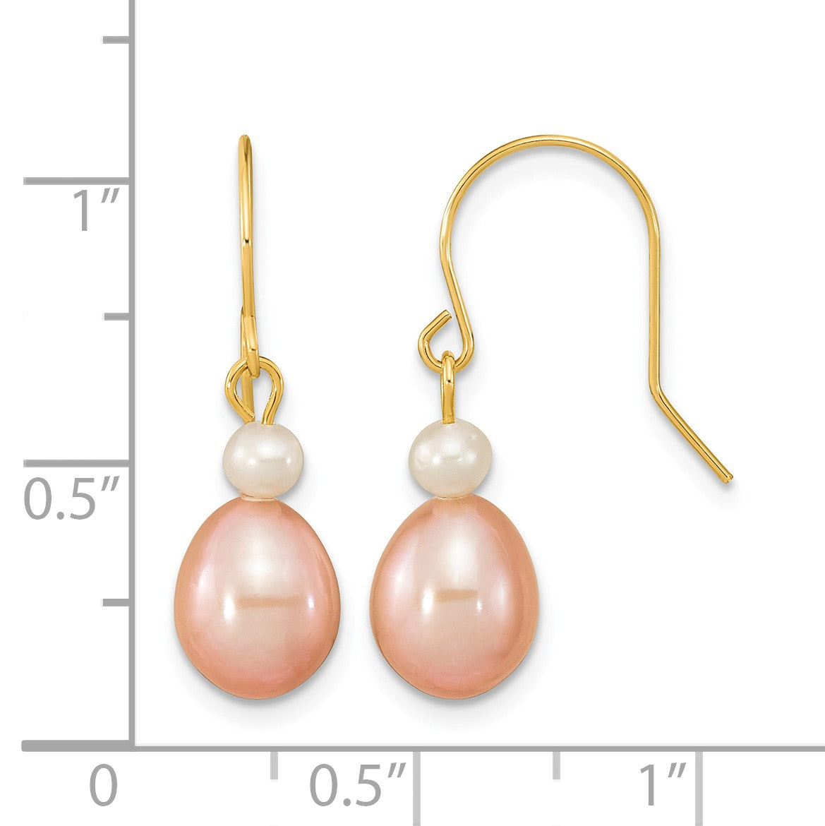 14k 7-8mm Pink Rice and White Round Freshwater Cultured Pearl Dangle Earrings