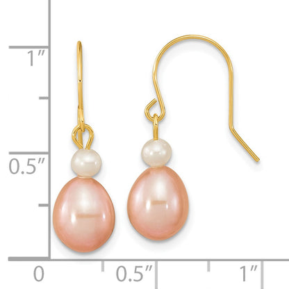 14k 7-8mm Pink Rice and White Round Freshwater Cultured Pearl Dangle Earrings