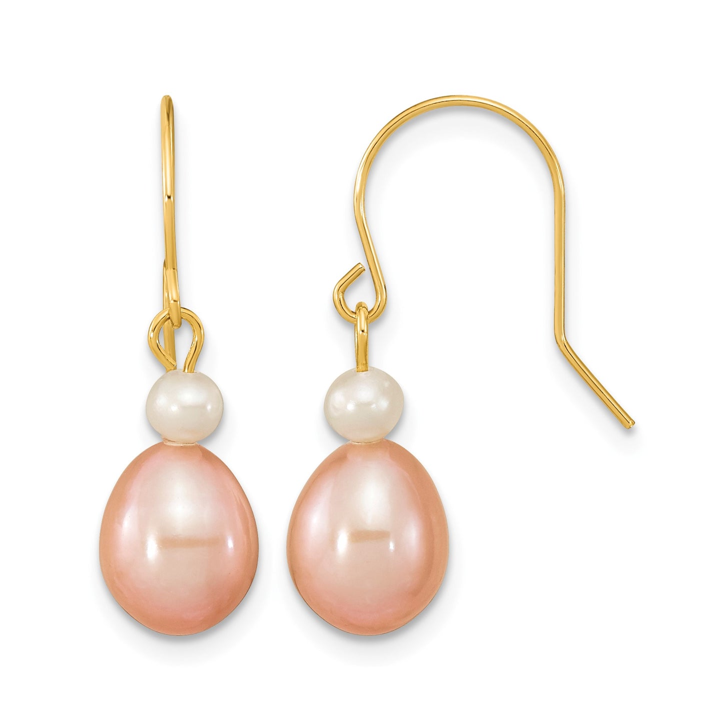 14k 7-8mm Pink Rice and White Round Freshwater Cultured Pearl Dangle Earrings