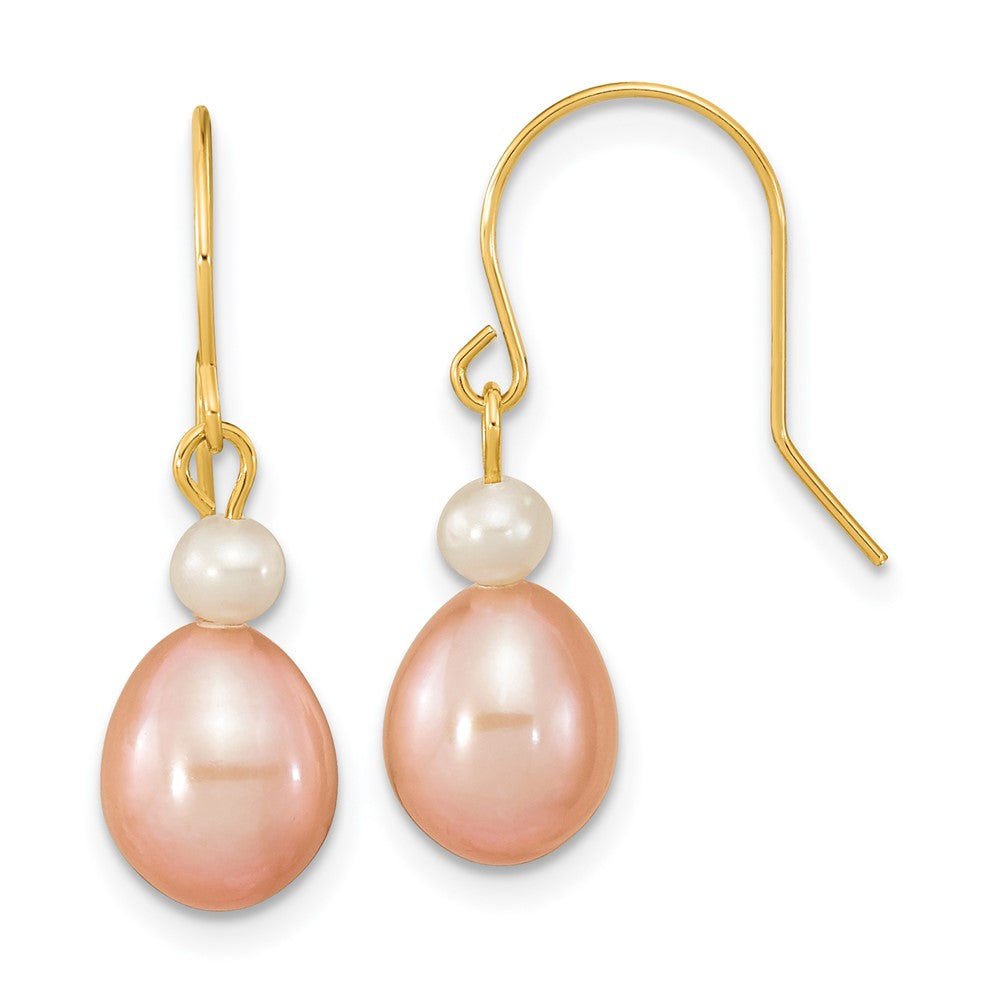 14k 7-8mm Pink Rice and White Round Freshwater Cultured Pearl Dangle Earrings