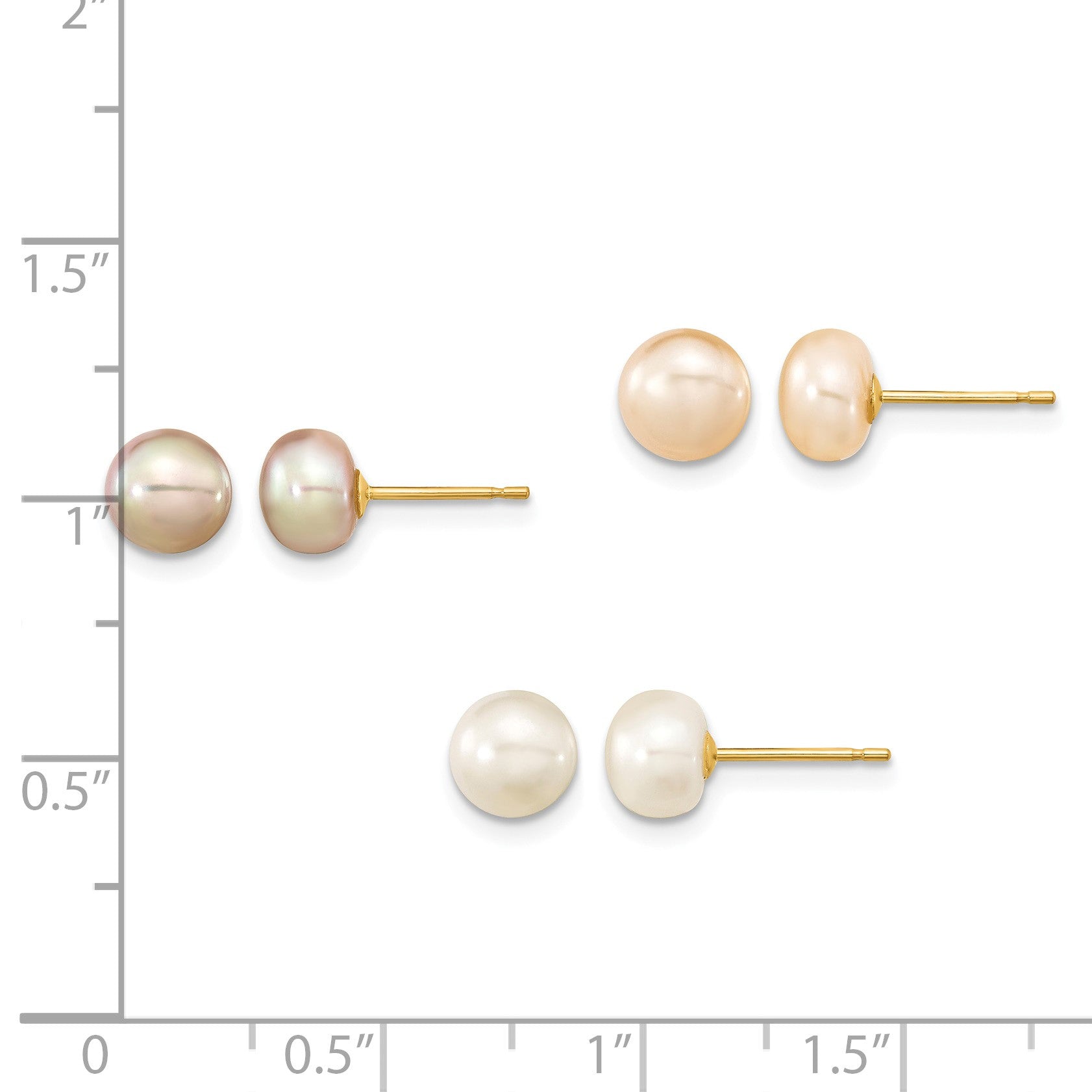 14k 6-7mm Multicolor Button Freshwater Cultured Pearl Boxed 3 Pair Post Earrings Set