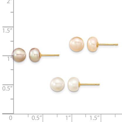 14k 6-7mm Multicolor Button Freshwater Cultured Pearl Boxed 3 Pair Post Earrings Set