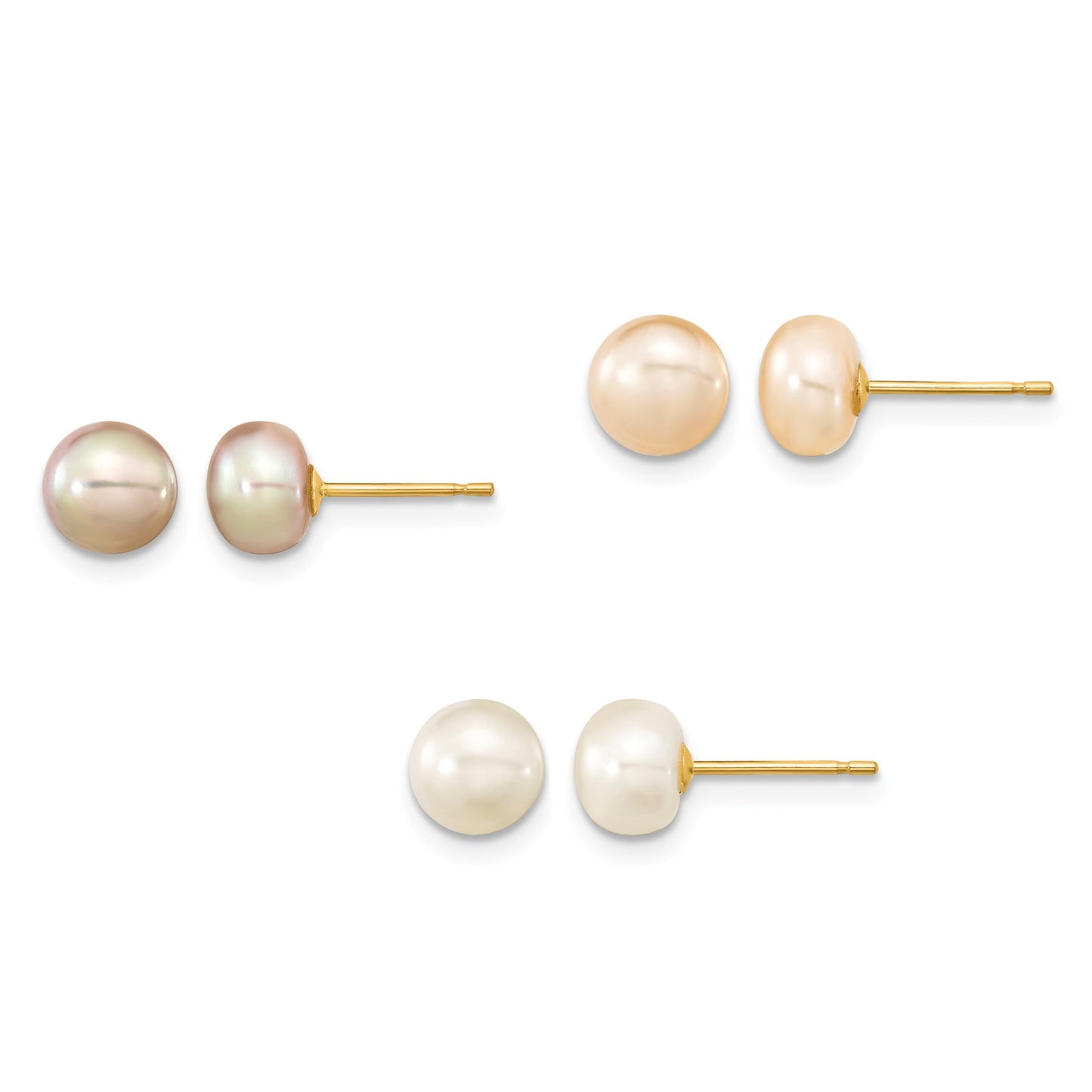 14k 6-7mm Multicolor Button Freshwater Cultured Pearl Boxed 3 Pair Post Earrings Set