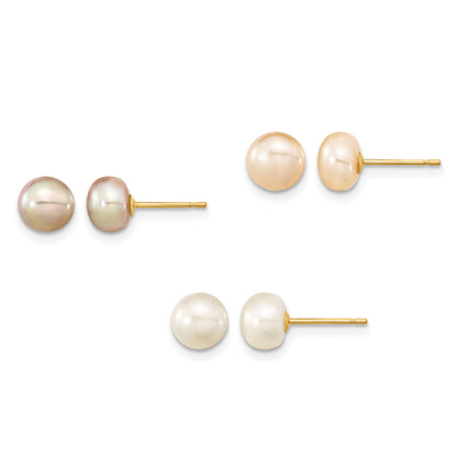 14k 6-7mm Multicolor Button Freshwater Cultured Pearl Boxed 3 Pair Post Earrings Set
