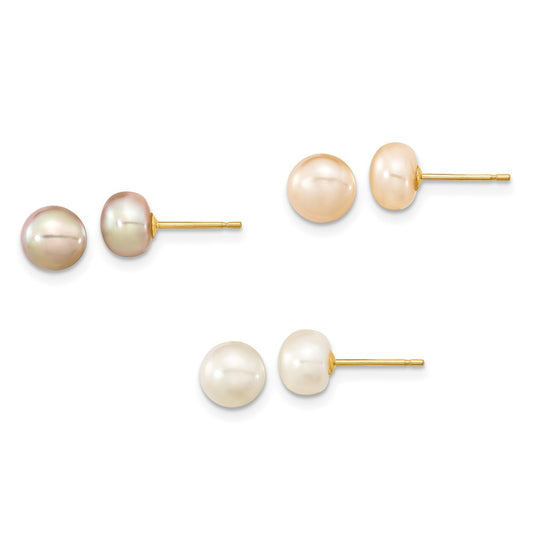 14k 6-7mm Multicolor Button Freshwater Cultured Pearl Boxed 3 Pair Post Earrings Set