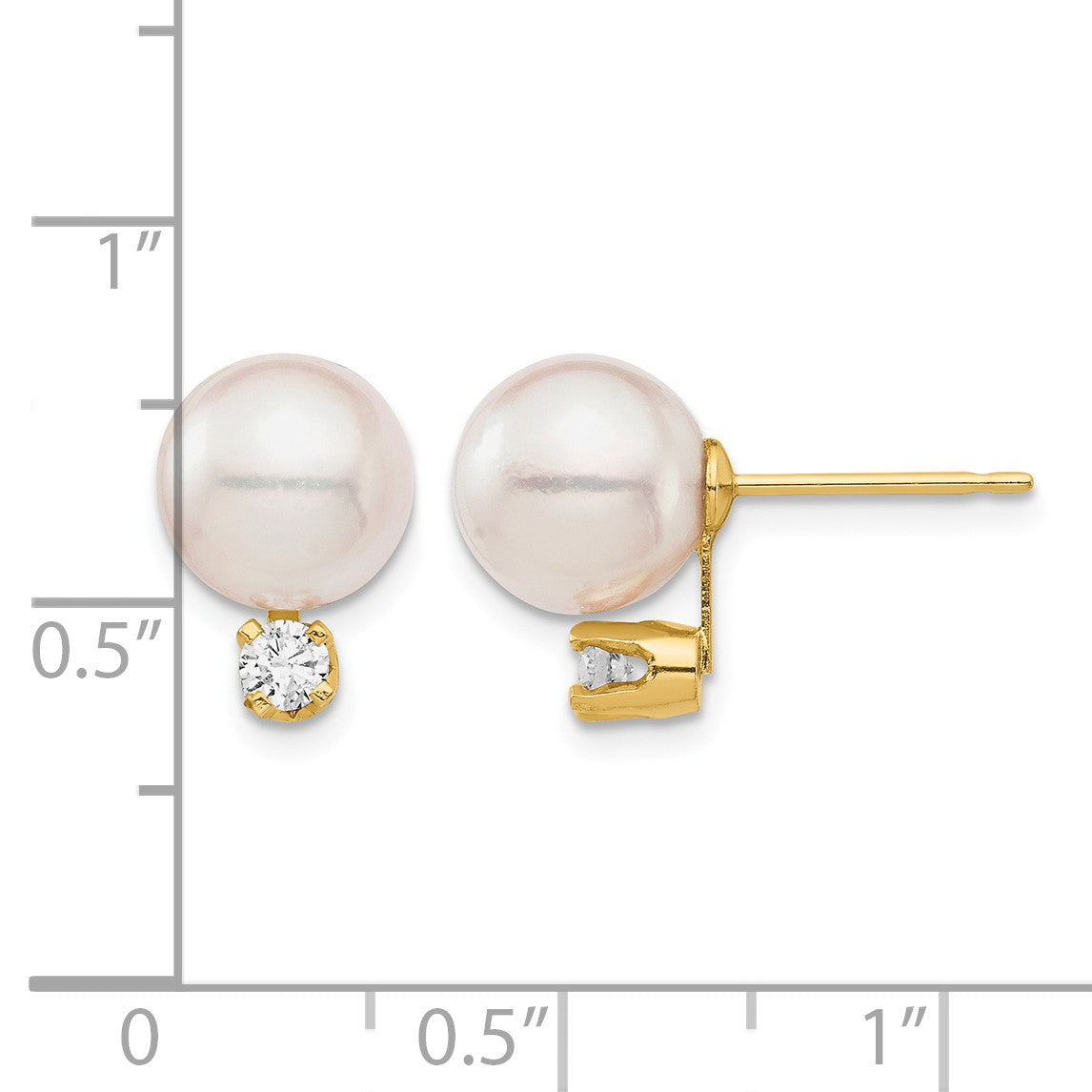 14k 8-9mm White Round Akoya Saltwater Cultured Pearl and 1/5 Carat Diamond Post Earrings