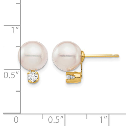14k 8-9mm White Round Akoya Saltwater Cultured Pearl and 1/5 Carat Diamond Post Earrings