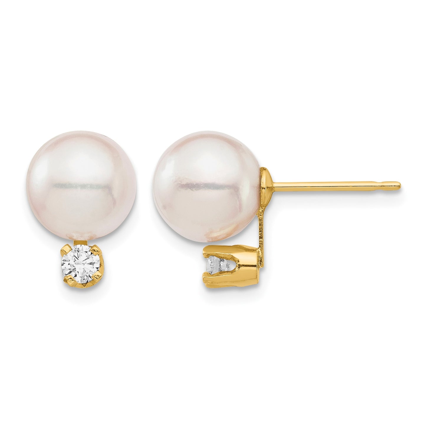 14k 8-9mm White Round Akoya Saltwater Cultured Pearl and 1/5 Carat Diamond Post Earrings
