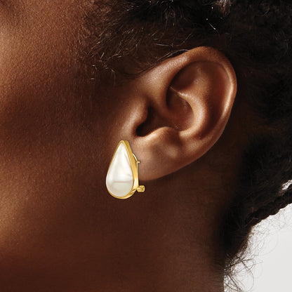 14K 12x20 White Pear Saltwater Cultured Mabe Pearl Omega Back Earrings