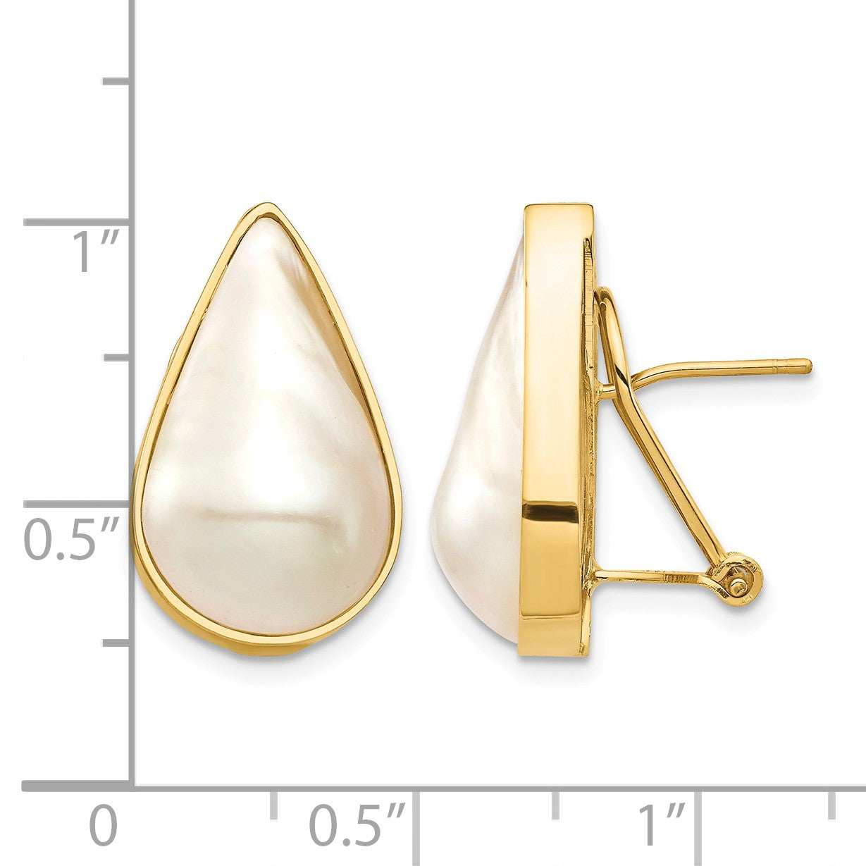 14K 12x20 White Pear Saltwater Cultured Mabe Pearl Omega Back Earrings