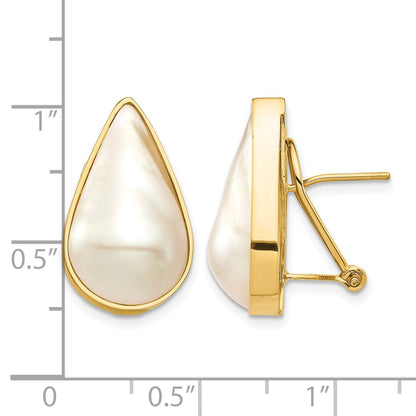 14K 12x20 White Pear Saltwater Cultured Mabe Pearl Omega Back Earrings