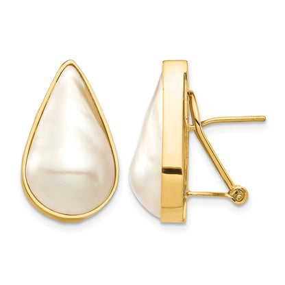 14K 12x20 White Pear Saltwater Cultured Mabe Pearl Omega Back Earrings