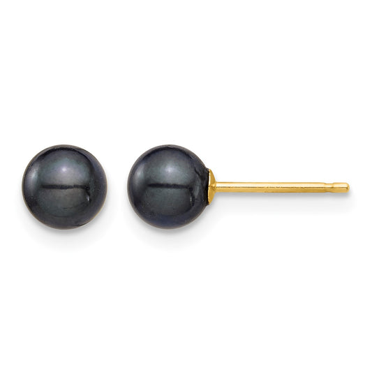 14k 5-6mm Round Black Saltwater Akoya Cultured Pearl Stud Post Earrings