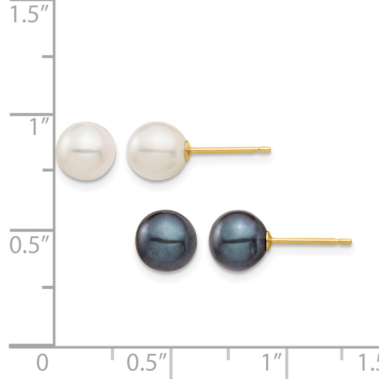 14k 6-7mm Black and White Round Freshwater Cultured Pearl 2 Pair Stud Post Earrings Set