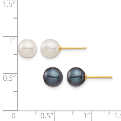 14k 6-7mm Black and White Round Freshwater Cultured Pearl 2 Pair Stud Post Earrings Set
