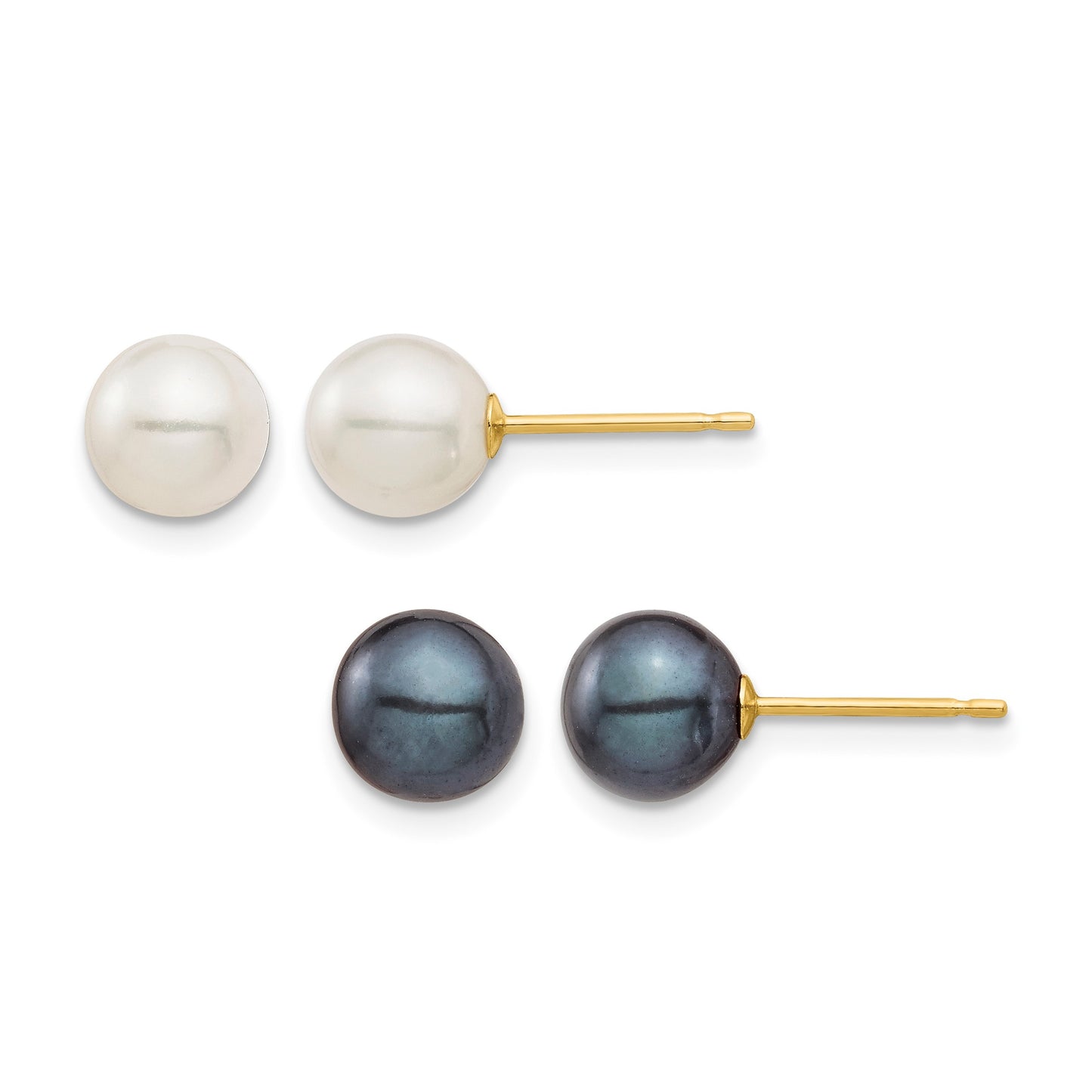 14k 6-7mm Black and White Round Freshwater Cultured Pearl 2 Pair Stud Post Earrings Set