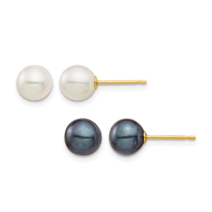 14k 6-7mm Black and White Round Freshwater Cultured Pearl 2 Pair Stud Post Earrings Set