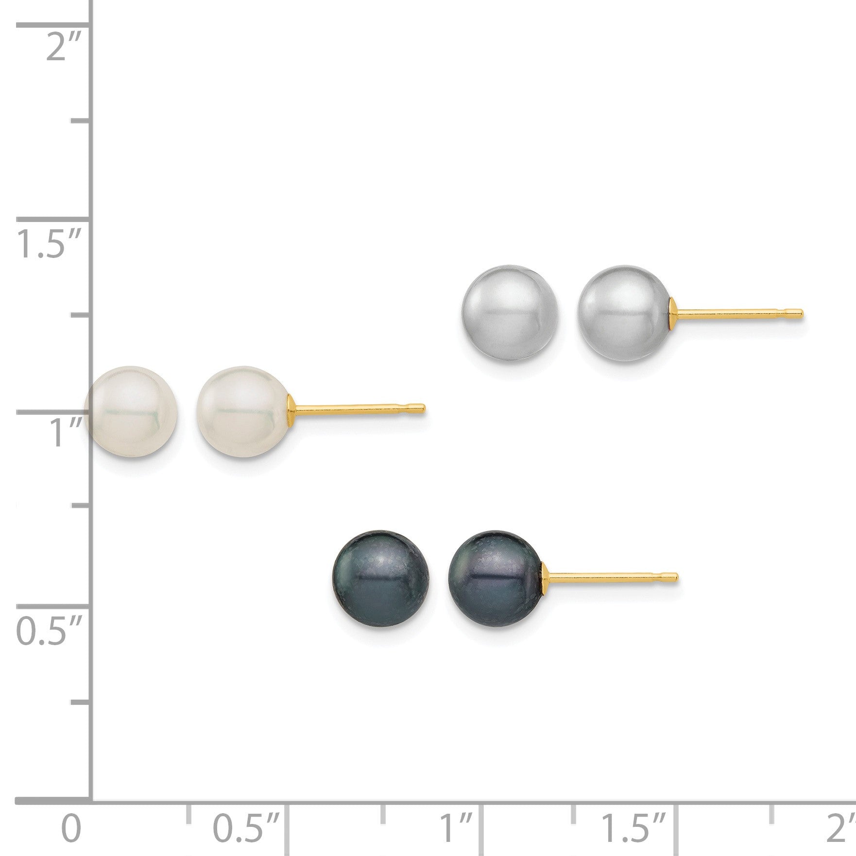 14k 6-6.5mm White/Grey/Black Round Freshwater Cultured Pearl 3 Pair Stud Post Earrings Set
