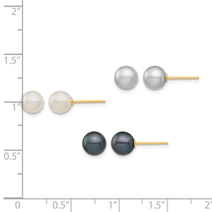 14k 6-6.5mm White/Grey/Black Round Freshwater Cultured Pearl 3 Pair Stud Post Earrings Set