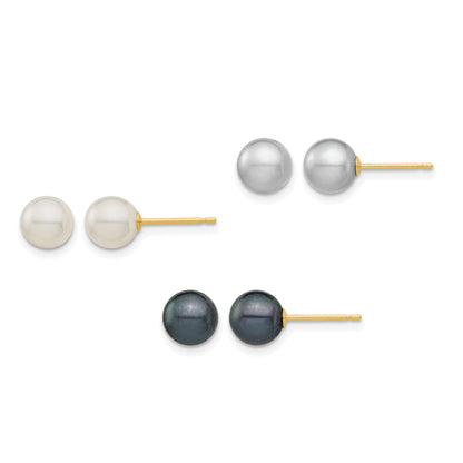 14k 6-6.5mm White/Grey/Black Round Freshwater Cultured Pearl 3 Pair Stud Post Earrings Set