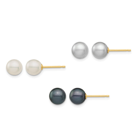 14k 6-6.5mm White/Grey/Black Round Freshwater Cultured Pearl 3 Pair Stud Post Earrings Set