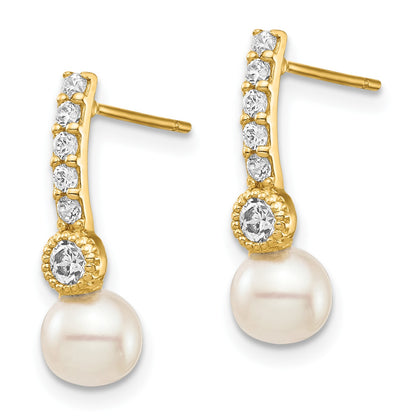 14K 6mm White Semi-round Freshwater Cultured Pearl CZ Post Drop Earrings