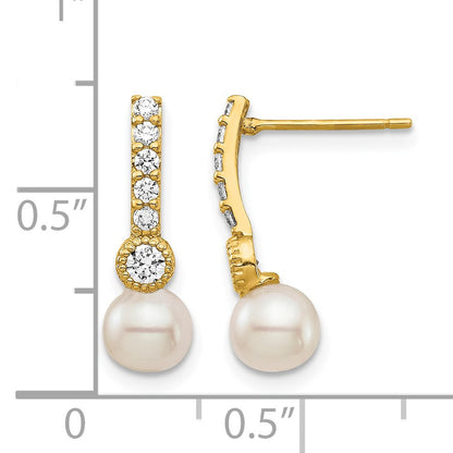 14K 6mm White Semi-round Freshwater Cultured Pearl CZ Post Drop Earrings