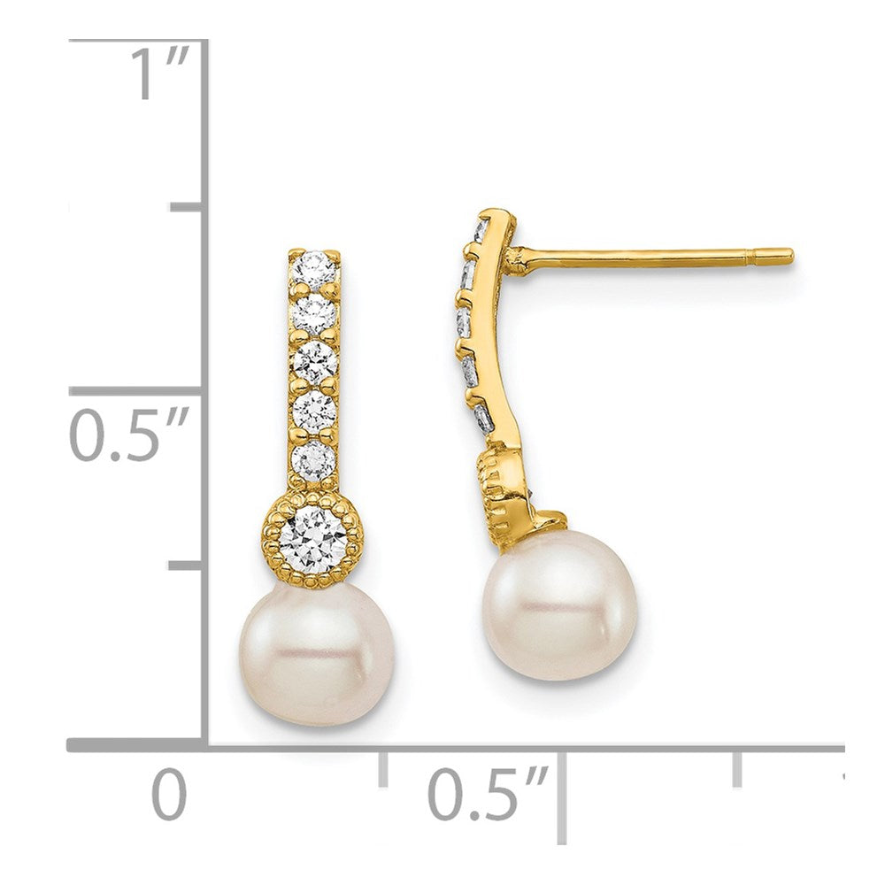 14K 6mm White Semi-round Freshwater Cultured Pearl CZ Post Drop Earrings