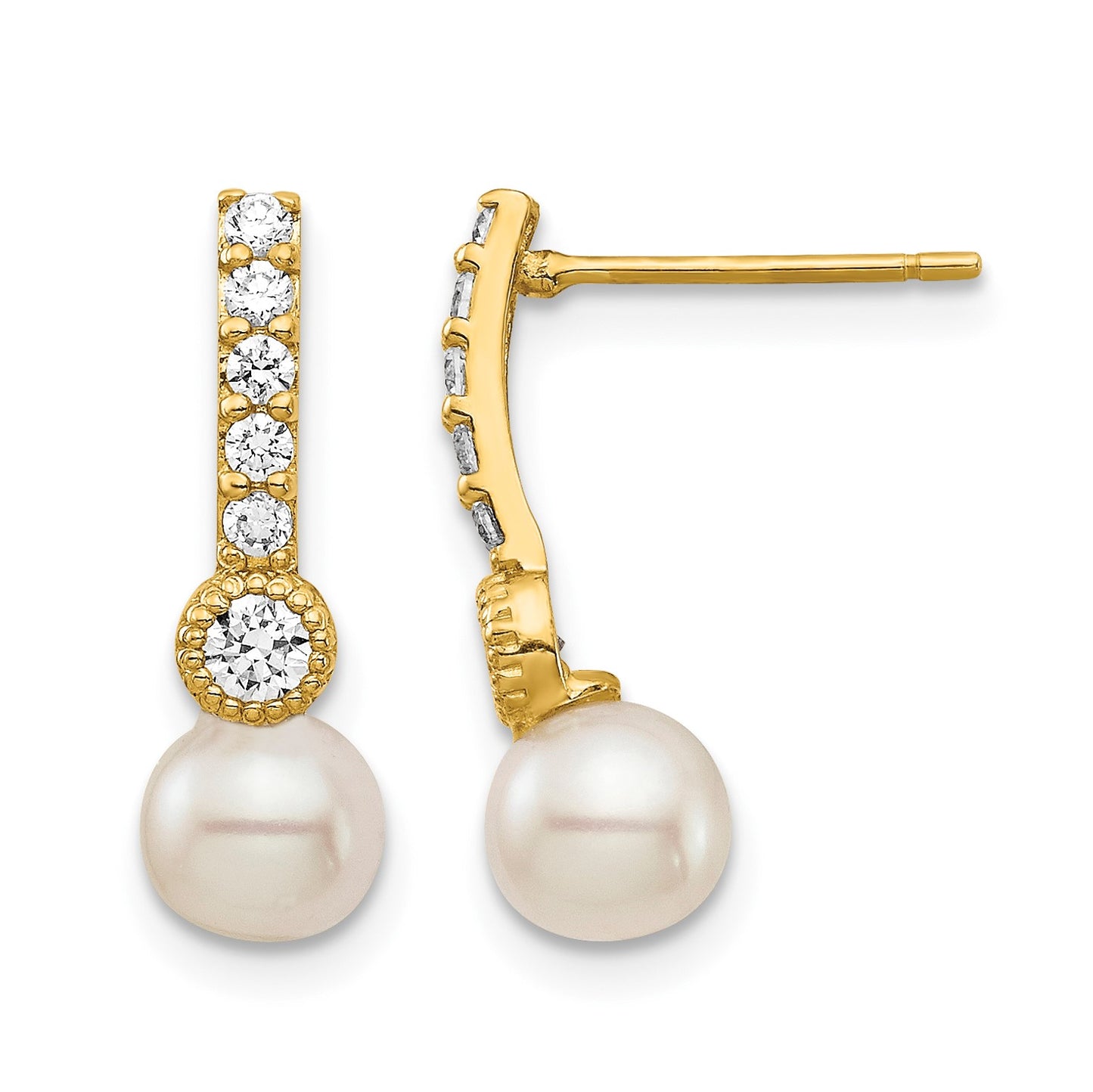 14K 6mm White Semi-round Freshwater Cultured Pearl CZ Post Drop Earrings