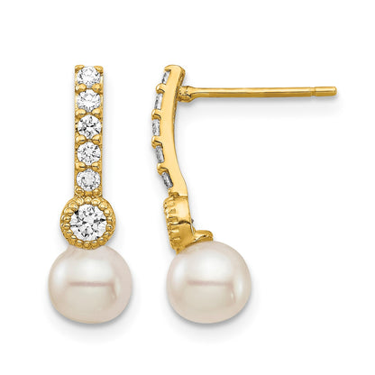 14K 6mm White Semi-round Freshwater Cultured Pearl CZ Post Drop Earrings