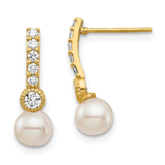 14K 6mm White Semi-round Freshwater Cultured Pearl CZ Post Drop Earrings