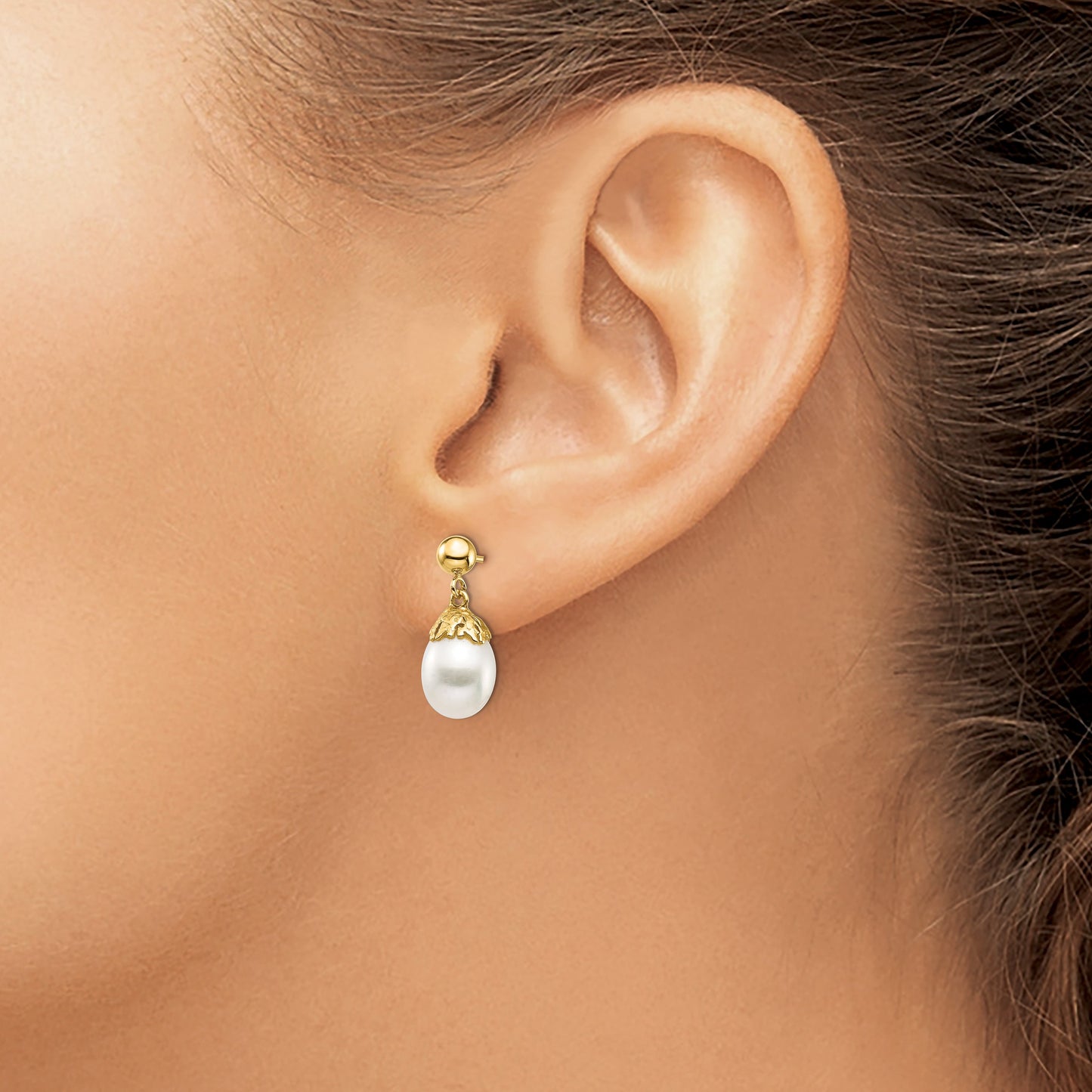 14K 7-8mm White Rice Freshwater Cultured Pearl Post Dangle Earrings