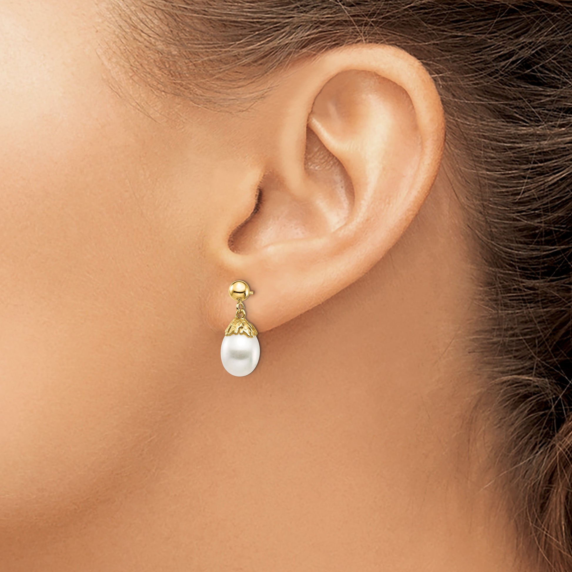 14K 7-8mm White Rice Freshwater Cultured Pearl Post Dangle Earrings