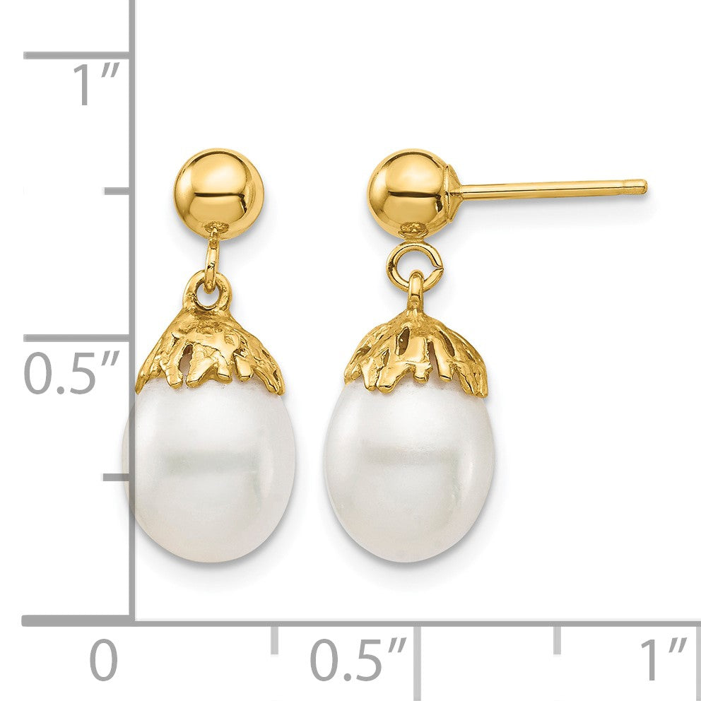 14K 7-8mm White Rice Freshwater Cultured Pearl Post Dangle Earrings