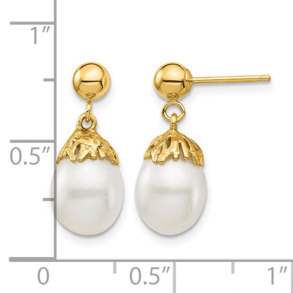 14K 7-8mm White Rice Freshwater Cultured Pearl Post Dangle Earrings