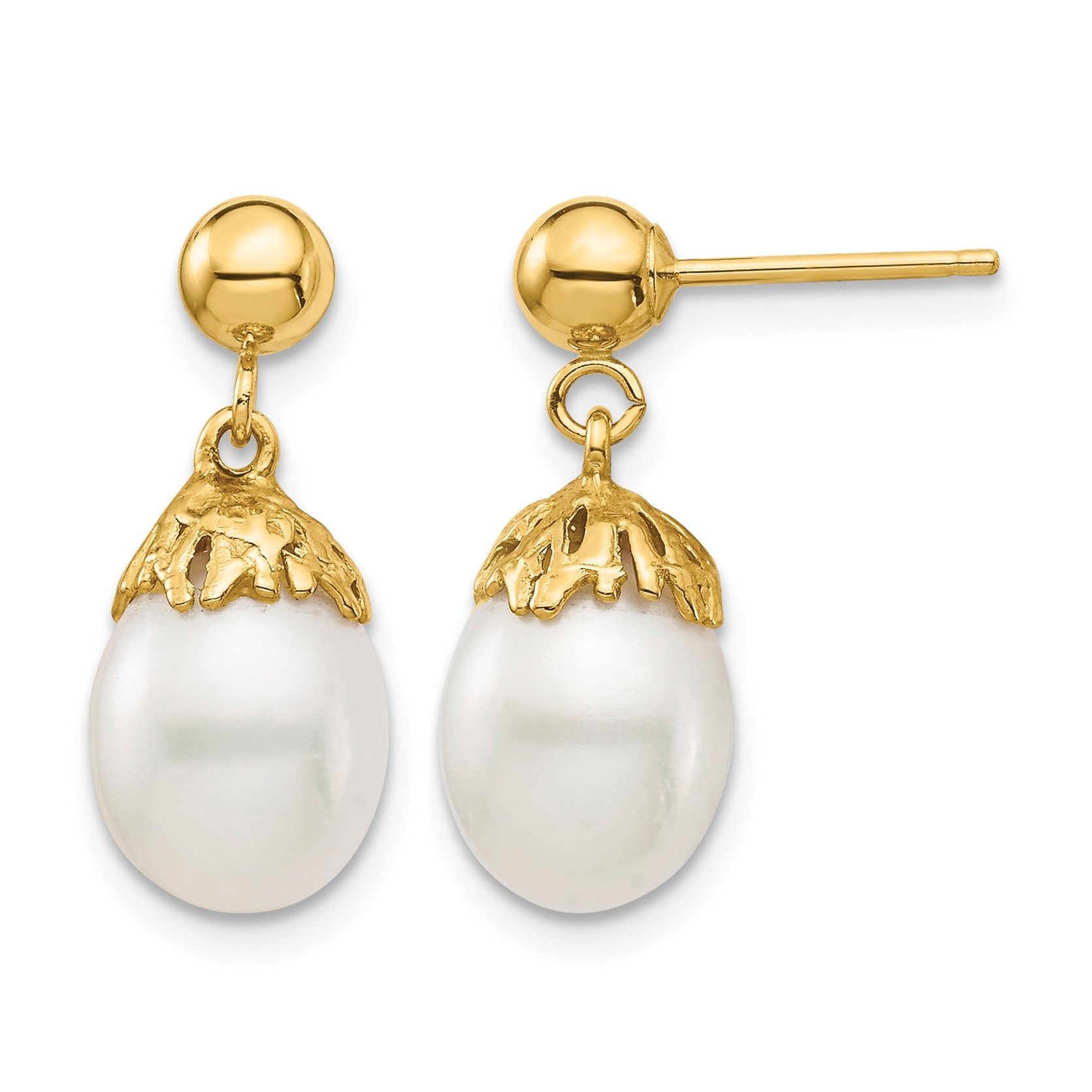 14K 7-8mm White Rice Freshwater Cultured Pearl Post Dangle Earrings