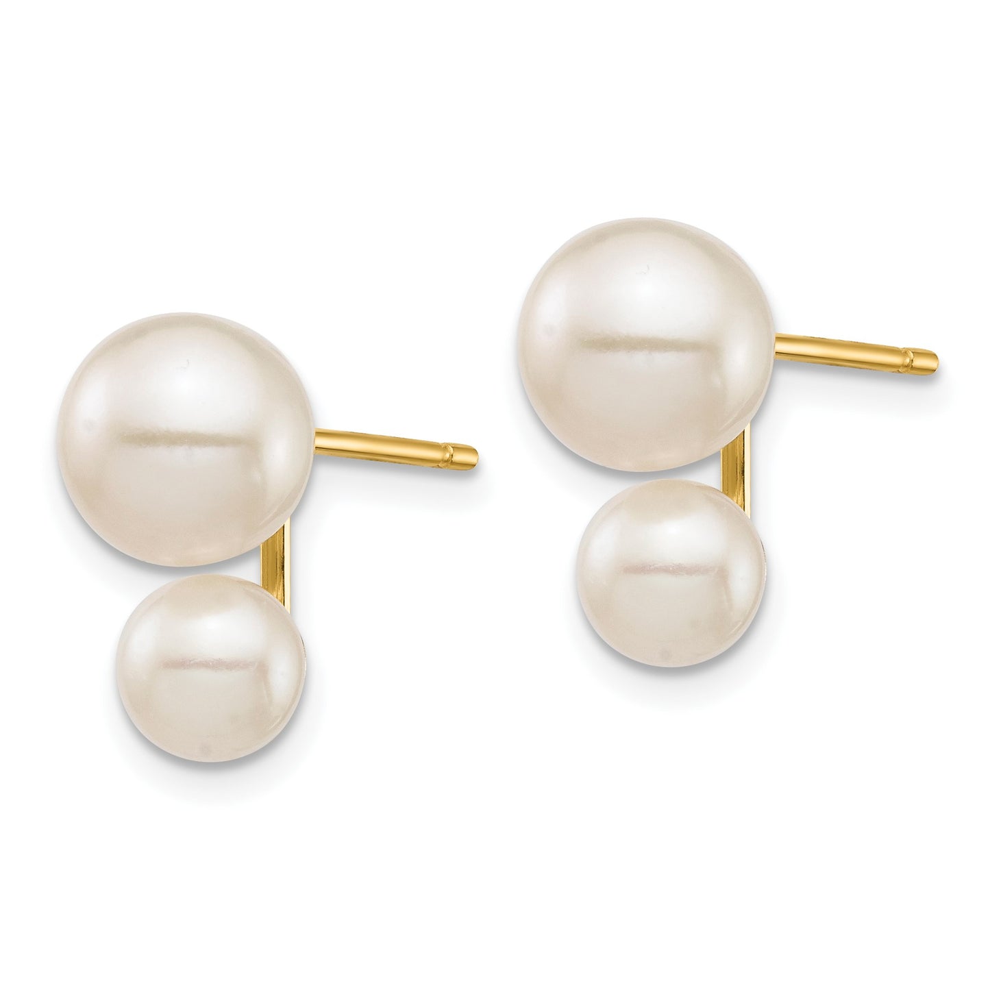 14k 5mm and 7mm White Round Freshwater Cultured Double Pearl Post Earrings