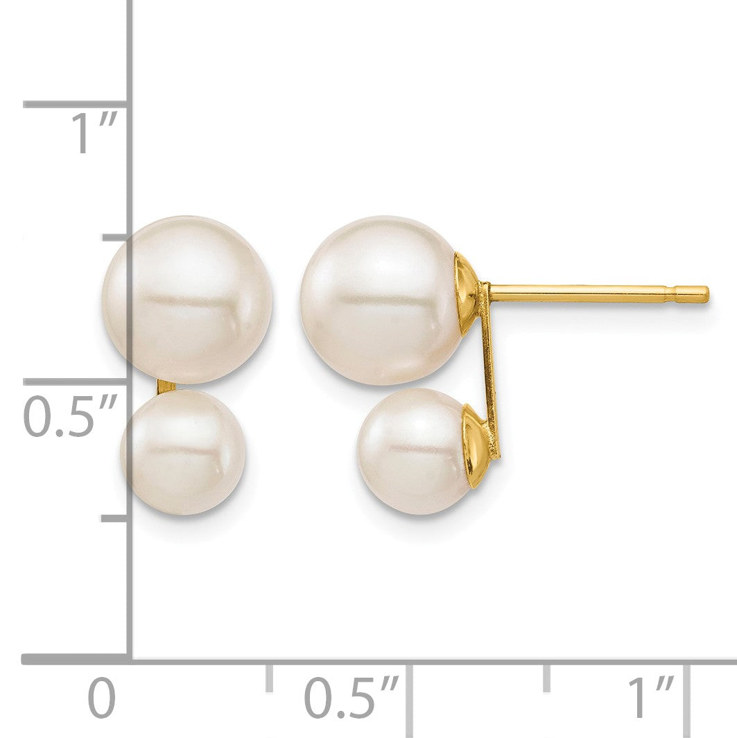 14k 5mm and 7mm White Round Freshwater Cultured Double Pearl Post Earrings