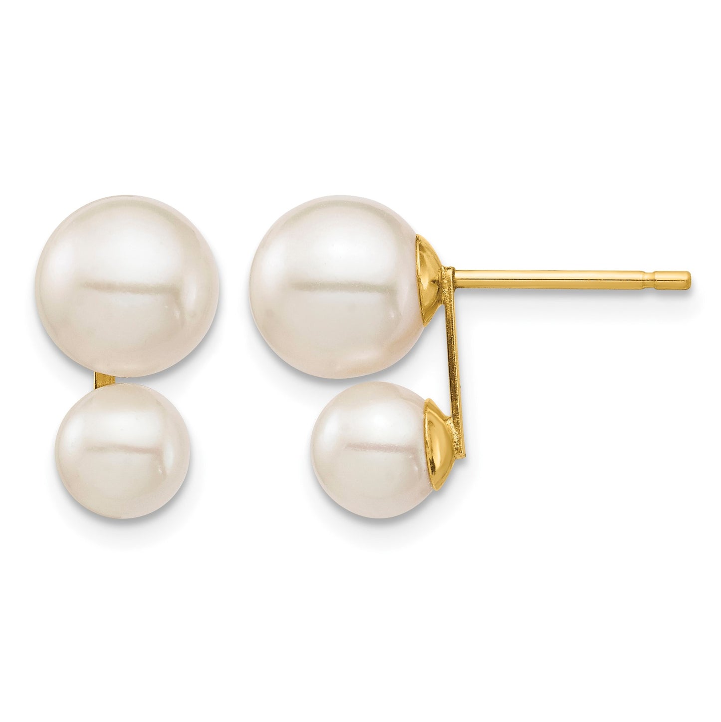 14k 5mm and 7mm White Round Freshwater Cultured Double Pearl Post Earrings