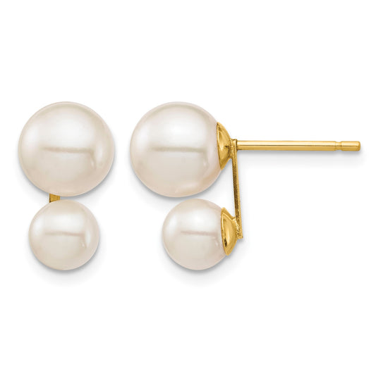 14k 5mm and 7mm White Round Freshwater Cultured Double Pearl Post Earrings