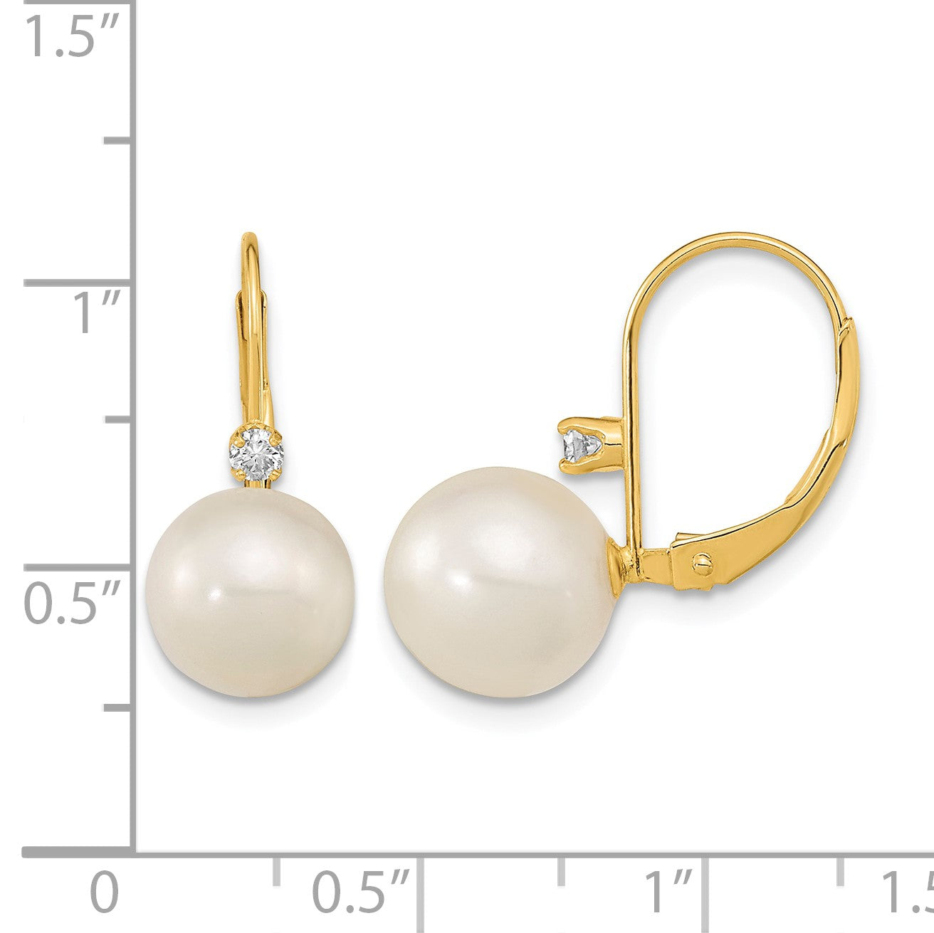 14k 9-9.5mm White Round Freshwater Cultured Pearl and .10 Carat Diamond Leverback Earrings