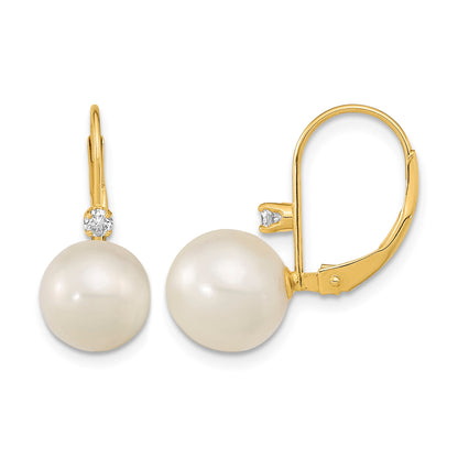 14k 9-9.5mm White Round Freshwater Cultured Pearl and .10 Carat Diamond Leverback Earrings