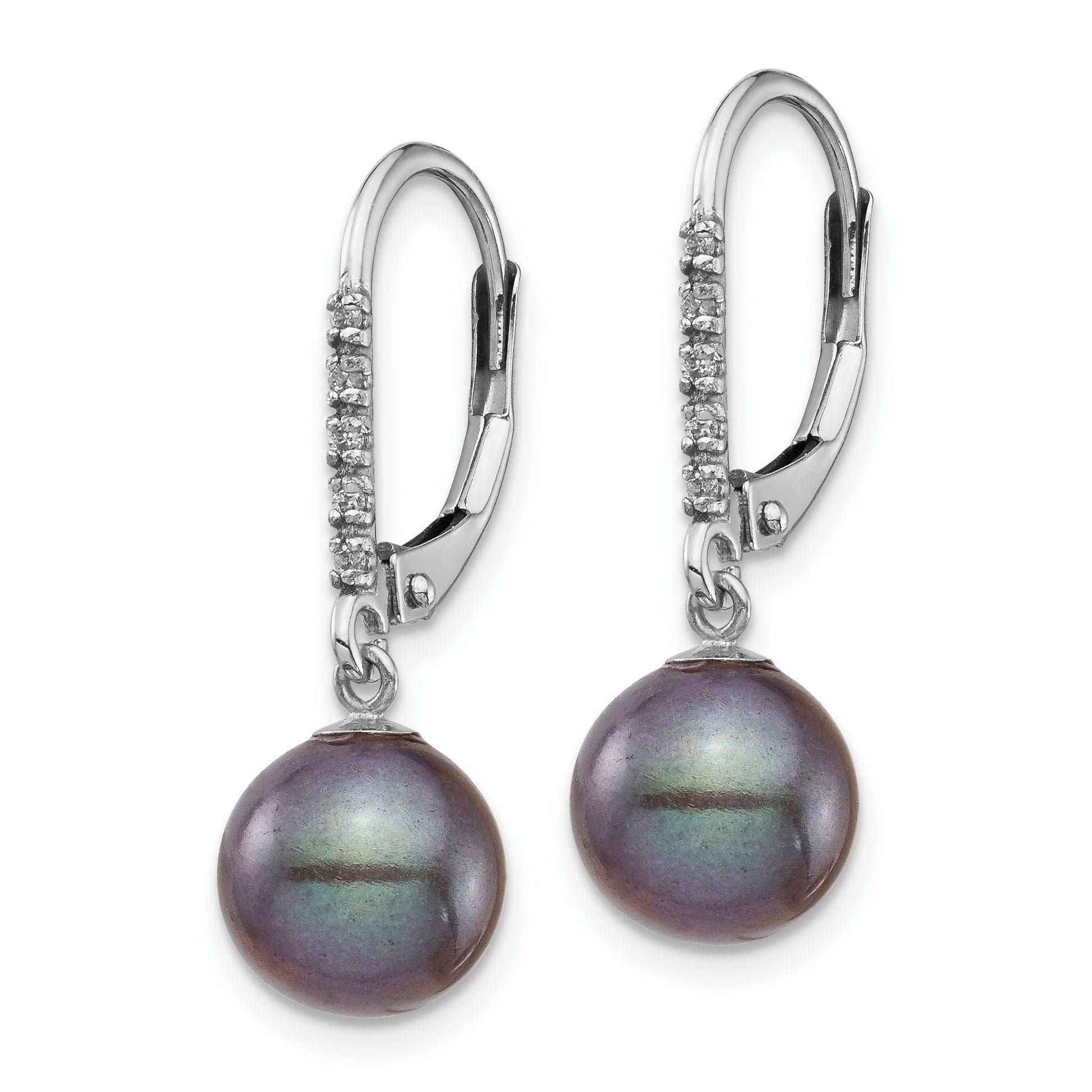 14k White Gold 8-9mm Black Round Freshwater Cultured Pearl and .05 Carat Diamond Dangle Leverback Earrings