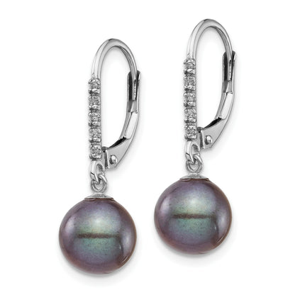 14k White Gold 8-9mm Black Round Freshwater Cultured Pearl and .05 Carat Diamond Dangle Leverback Earrings