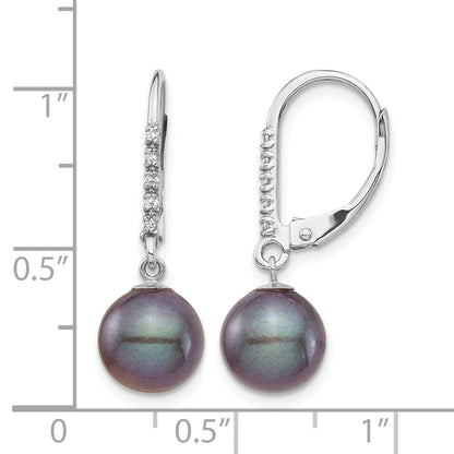 14k White Gold 8-9mm Black Round Freshwater Cultured Pearl and .05 Carat Diamond Dangle Leverback Earrings