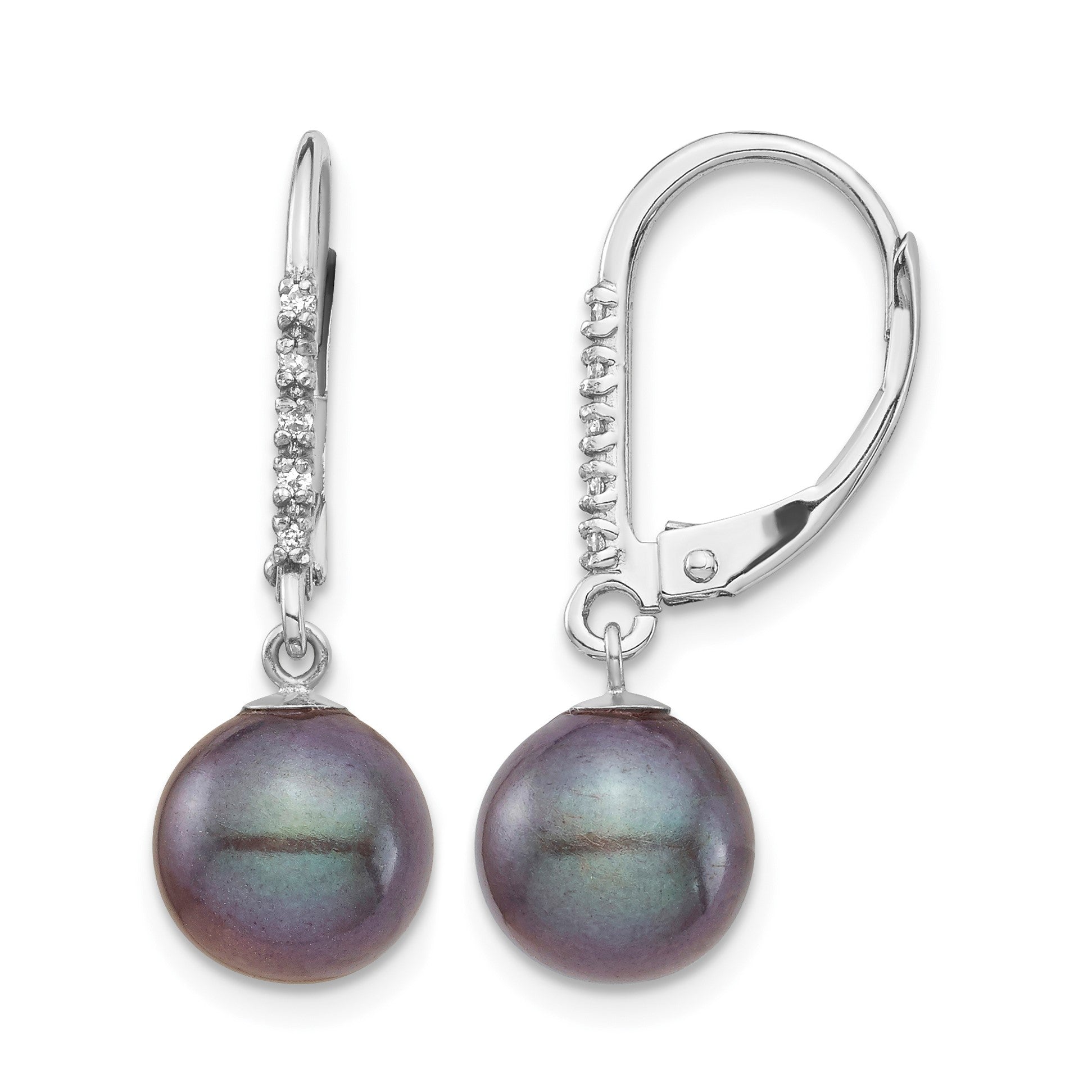 14k White Gold 8-9mm Black Round Freshwater Cultured Pearl and .05 Carat Diamond Dangle Leverback Earrings
