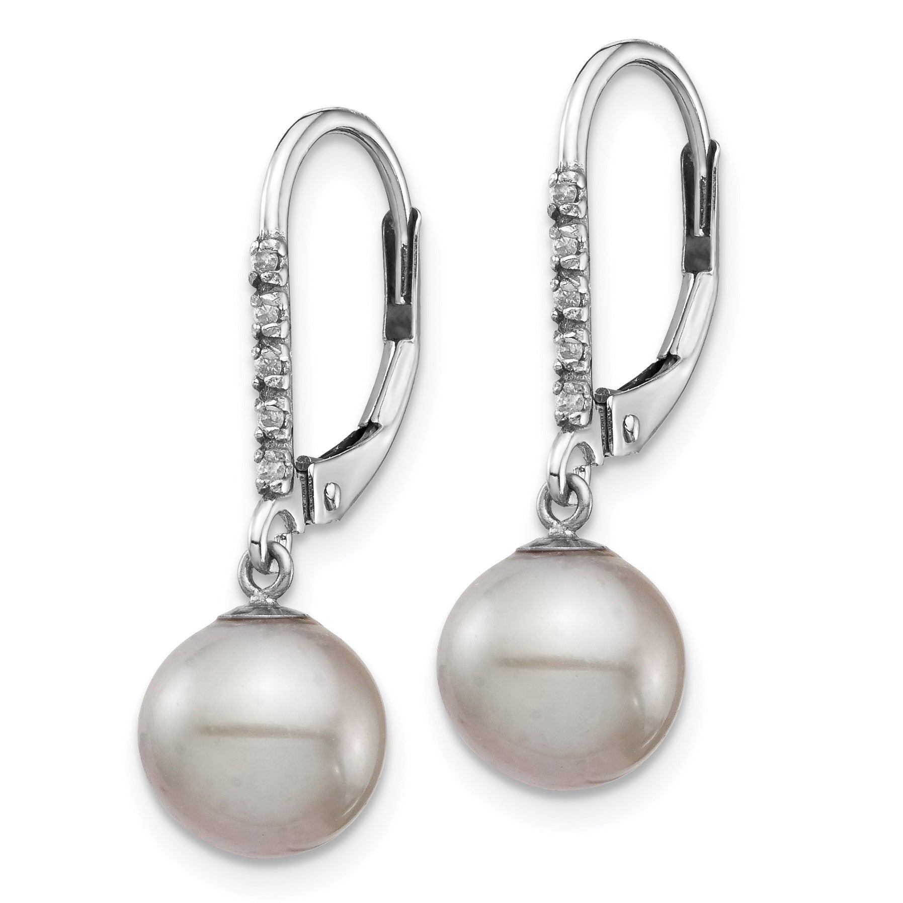 14k White Gold 8-9mm Grey Round Freshwater Cultured Pearl and .05 Carat Diamond Dangle Leverback Earrings