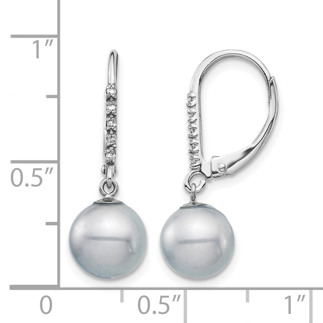 14k White Gold 8-9mm Grey Round Freshwater Cultured Pearl and .05 Carat Diamond Dangle Leverback Earrings
