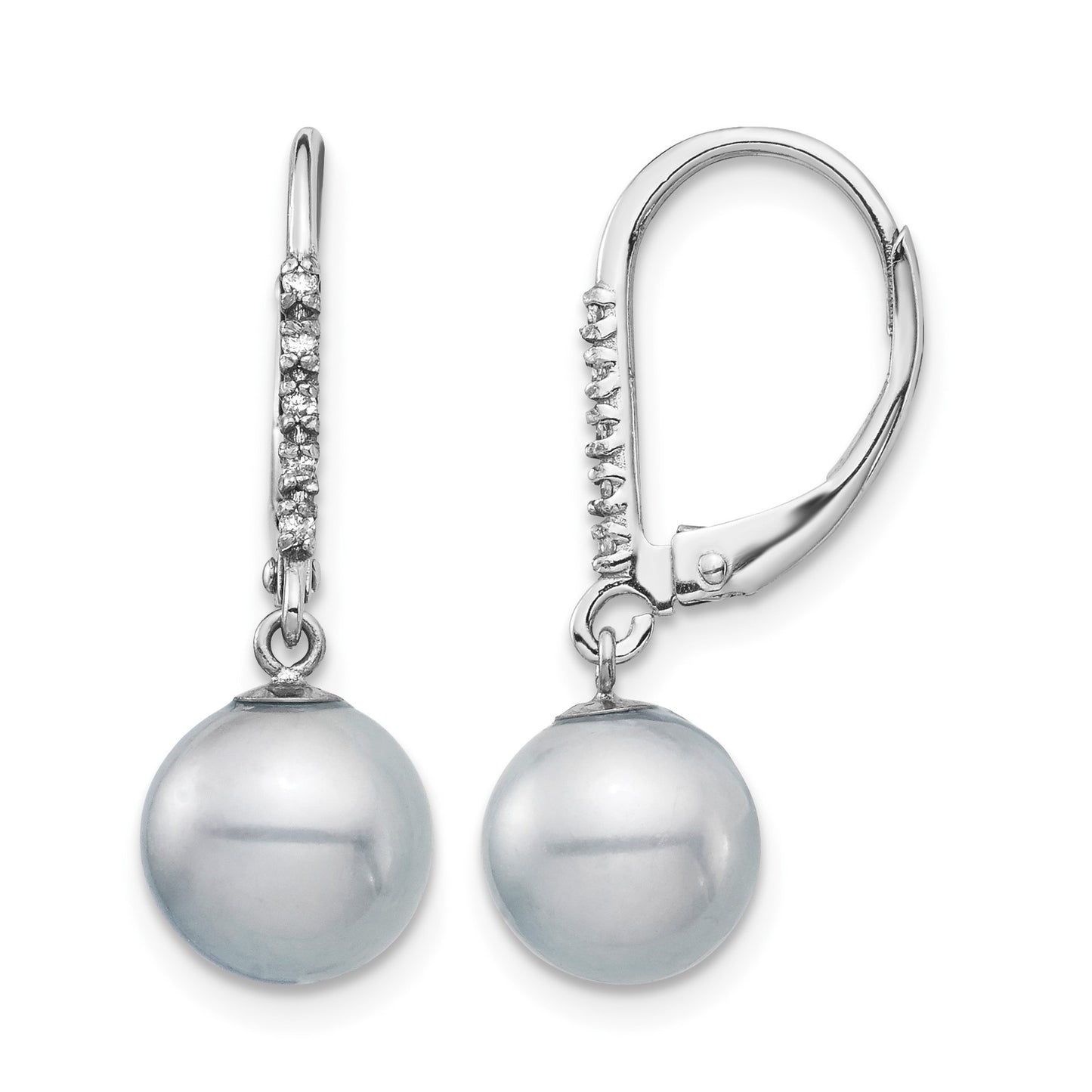 14k White Gold 8-9mm Grey Round Freshwater Cultured Pearl and .05 Carat Diamond Dangle Leverback Earrings