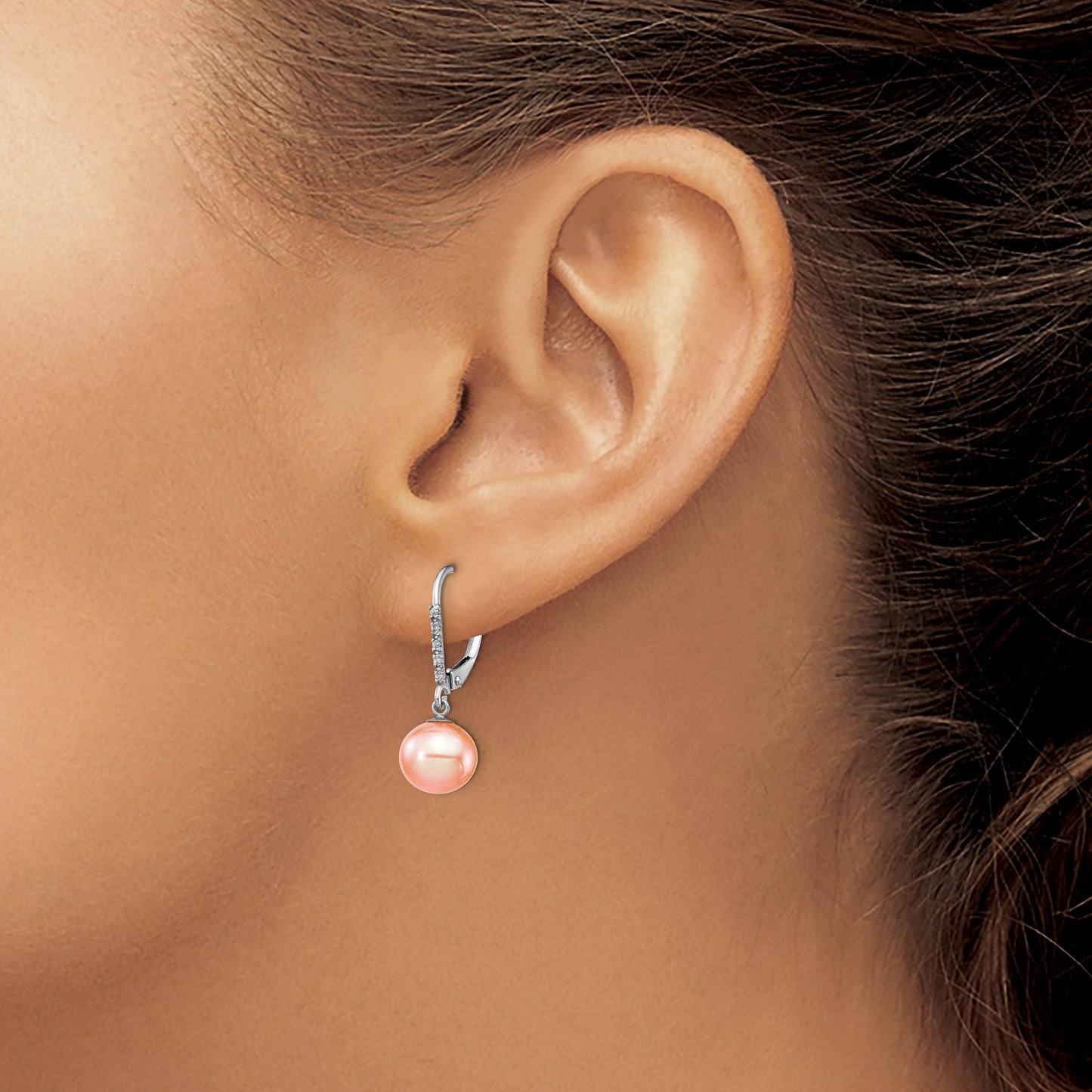 14k White Gold 8-9mm Pink Round Freshwater Cultured Pearl and .05 Carat Diamond Dangle Leverback Earrings